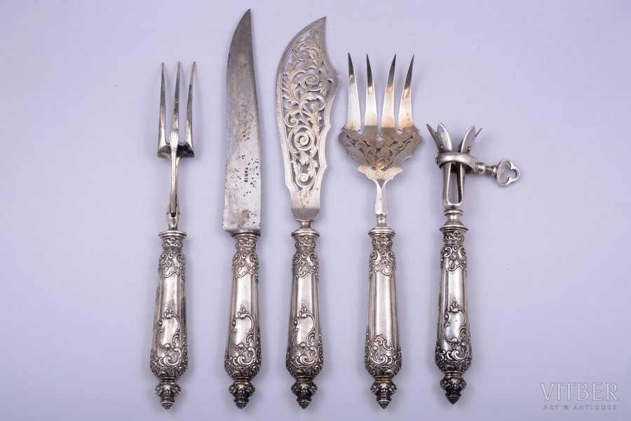 set of 5 flatware items, silver/metal, 950 standart, total weight of items 745.50g, France, 32.7 - 21.7 cm