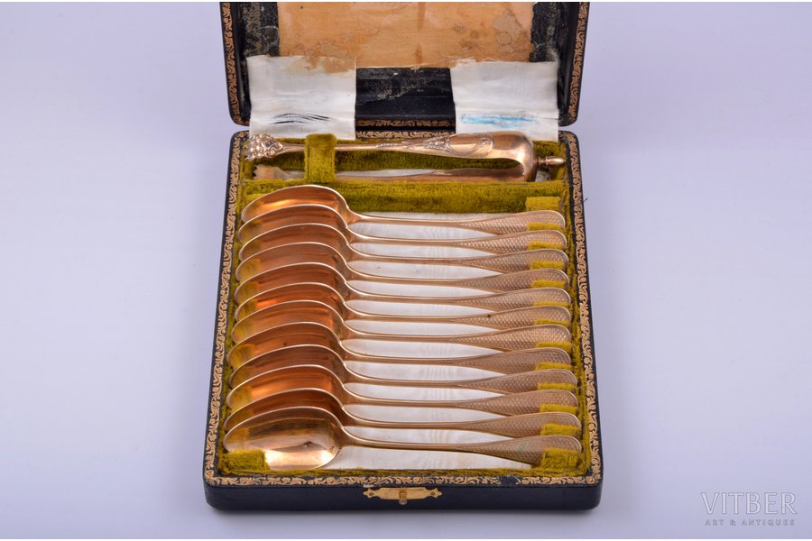 set of 12 teaspoons and sugar tongs, silver, 800 standart, gilding, 282.85 g, France, spoon - 14.8 cm, sugar tongs 14.7 cm, in a box