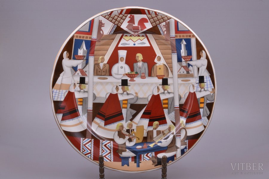 decorative plate, "Wedding", faience, M.S. Kuznetsov manufactory, handpainted by Inese Margevica, sketch by Romans Suta, Riga (Latvia), 2020, Ø 36.9 cm
