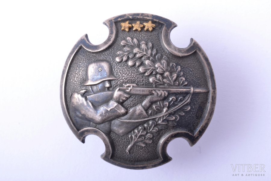 badge, Army expert-shooter (rifle shooting), three stars, silver, 875 standard, Latvia, 20-30ies of 20th cent., 30.6 x 30.8 mm, 5.90 g