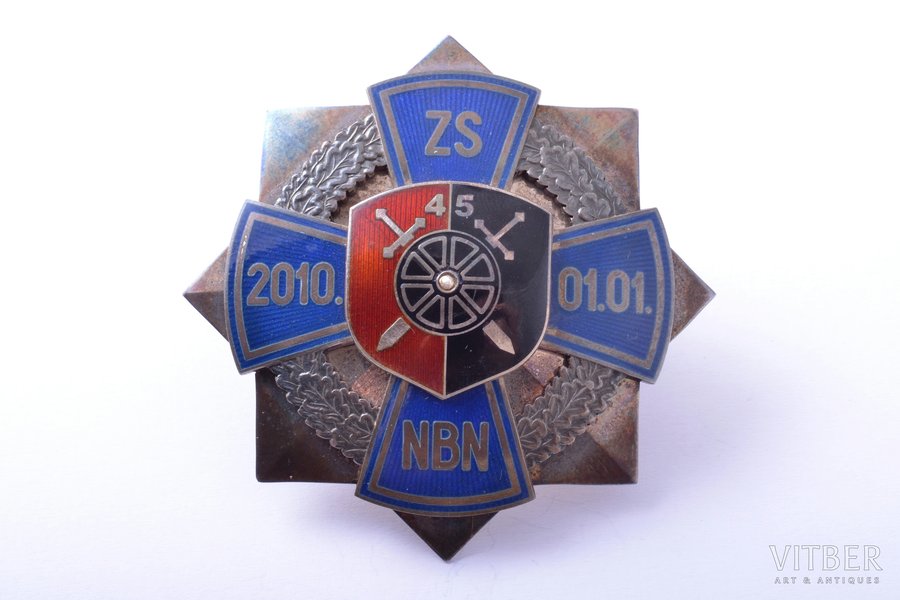 знак, Latvijas Republikas Zemessardze (Ополчение Латвийской Республики), 45-й батальон, серебро, эмаль, 925 проба, Латвия, 2010 г., 54.8 x 54.9 мм, 41.10 г