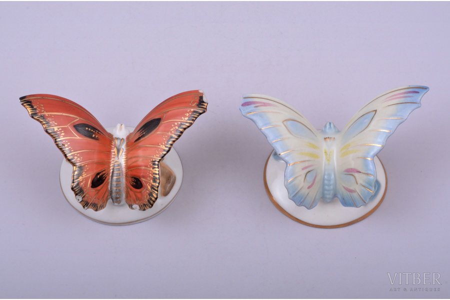 pair of figurines, Butterflies, porcelain, Riga (Latvia), USSR, Riga porcelain factory, the 50ies of 20th cent., h 5 cm, top, first grade, with defects