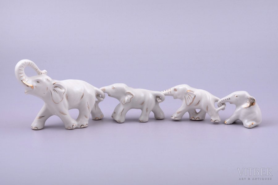 figurine, Elephants, porcelain, Riga (Latvia), USSR, Riga porcelain factory, the 70-80ies of 20th cent., h 9.1 / 4.5 / 4.4 / 4 cm