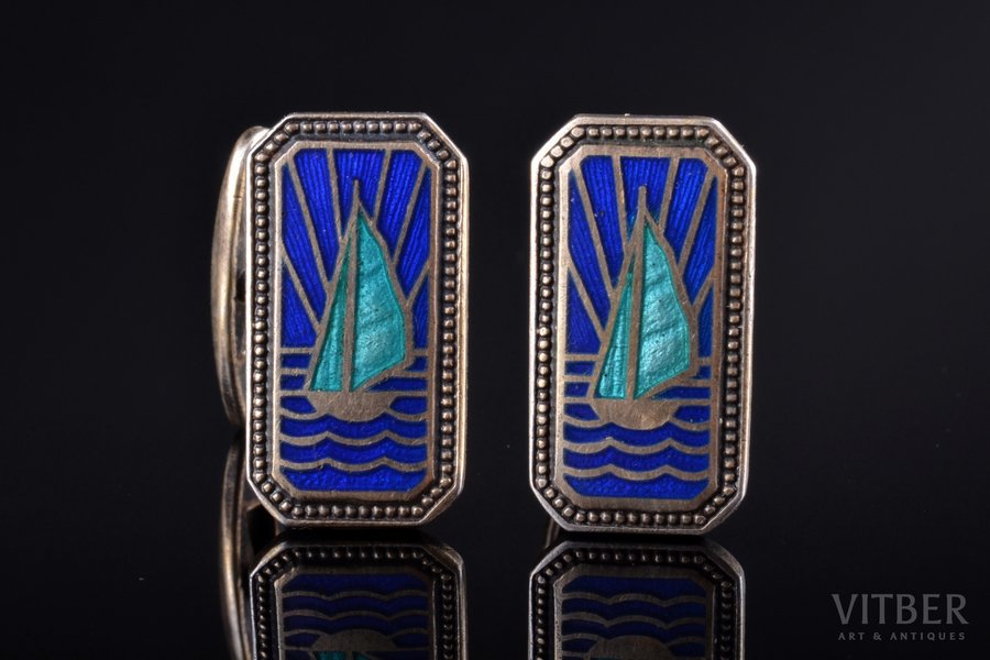 cufflinks, "Sailing ships", silver, enamel, 875 standard, 8.70 g., the item's dimensions 2.2 x 1.2 cm, 1953, "Moscow Jeweller" artel, Moscow, USSR