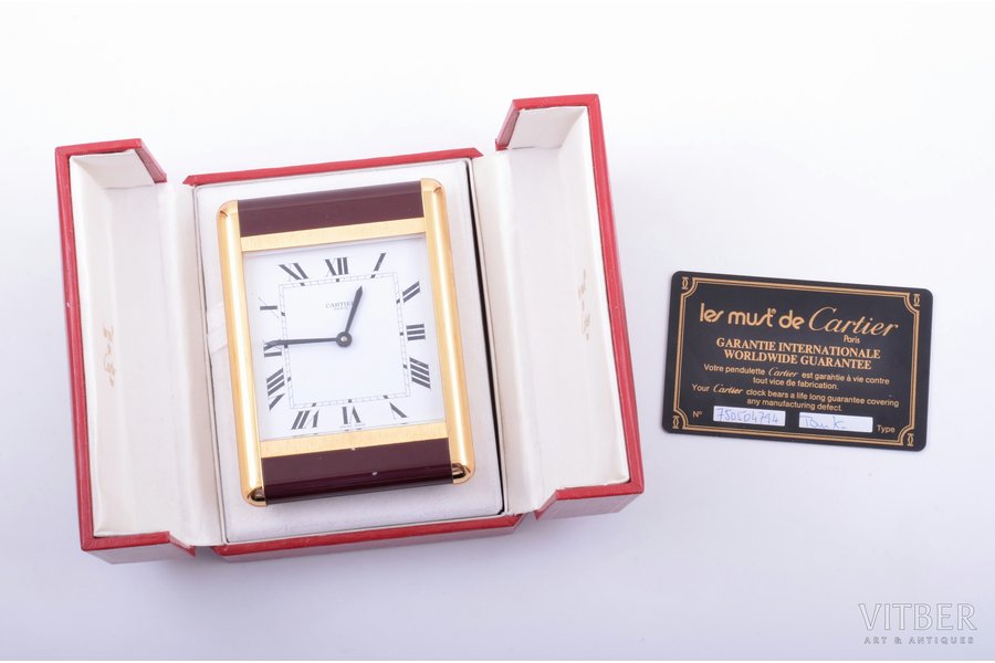 table clock, "Cartier", quartz, Switzerland, the 80ies of 20th cent., 380.90 g, 9.7 x 7.2 cm, in a case, with guarentee certificate