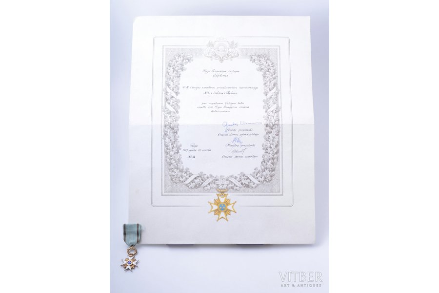 diploma of the Order of Three Stars, 1997, awarded to Nils Eilson Holmes, private secretary and chamberlain to H.M. Queen of Denmark; the Order of Three Stars (made in 20-30-ties of 20th cent.), silver, enamel, 875 standart, Latvia, "Vilhelms Fridrichs Müller" manufactory