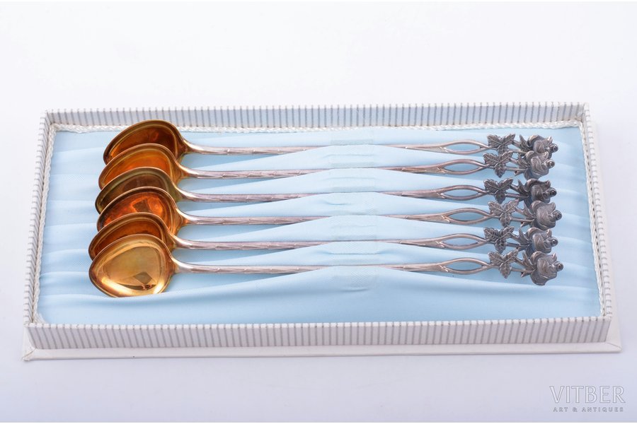set of 6 latte spoons, silver, 830 standard, 79.25 g, gilding, 16.9 cm, Finland, in a box