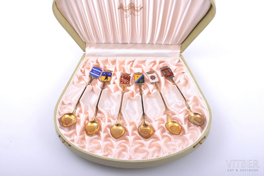 set of 6 coffee spoons, silver, "Coats of arms of cities", 830 standard, total weight of items 54.55, enamel, gilding, 11 cm, Finland, in a box