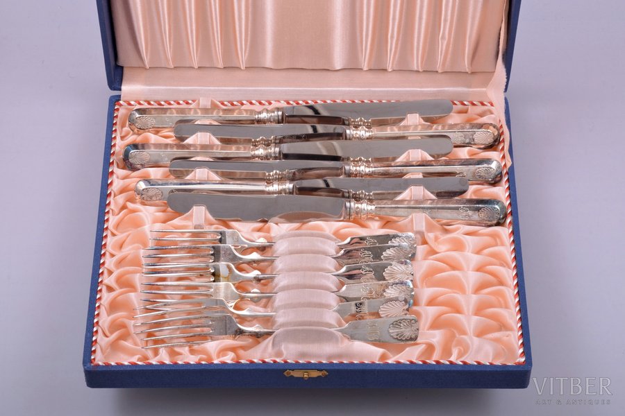 set of 6 forks and 6 knives, silver/metal, 830 standart, total weight of items 419.70g, Finland, 19.5 / 15.1 cm, in a box