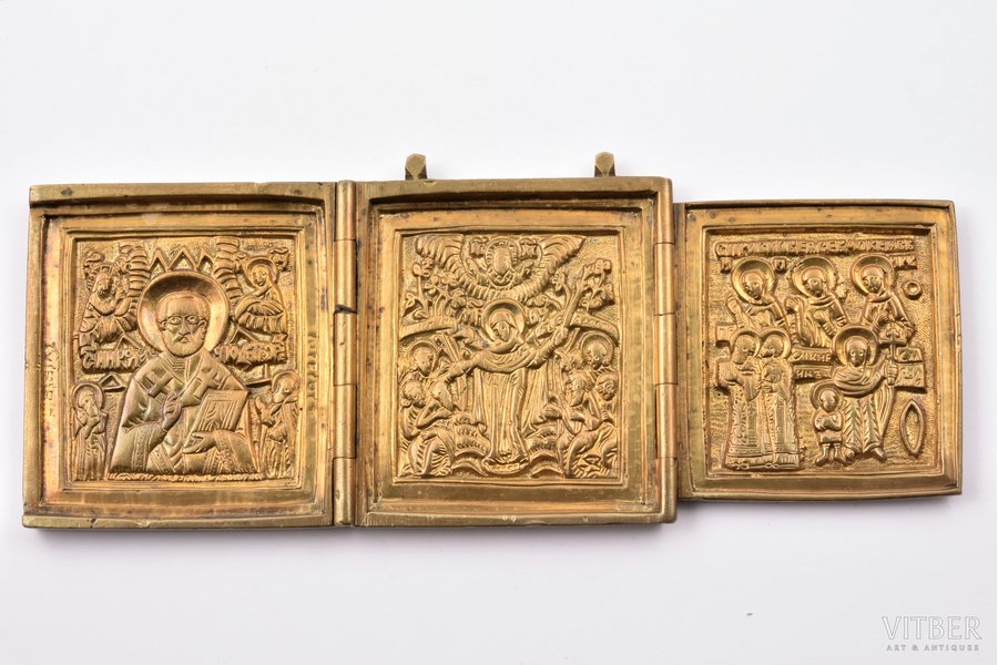 icon with foldable side flaps, copper alloy, Russia, the border of the 19th and the 20th centuries, 6.6 x 16.3 x 0.6 cm, 268.70 g.