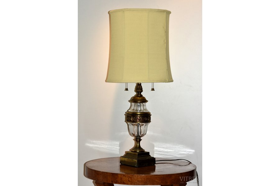 настольная лампа, латунь, стекло, рубеж 19-го и 20-го веков, 94 см, абажур с новой тканью