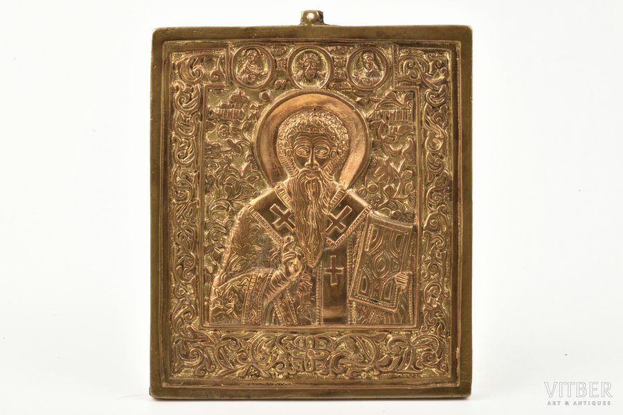 икона, Священномученик Антипа, медный сплав, Российская империя, рубеж 19-го и 20-го веков, 10.5 x 8.7 x 0.5 см, 233.40 г., новые крепления