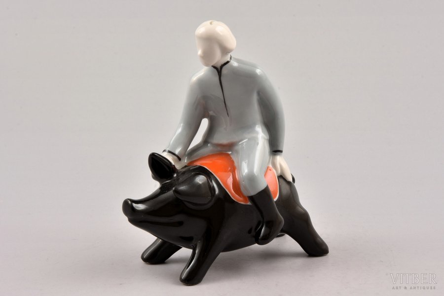 figurine, "Boy riding a pig", Riga (Latvia), sculpture's work, Riga porcelain factory, molder - Aina Mellupe, the 50ies of 20th cent., 9.5 cm