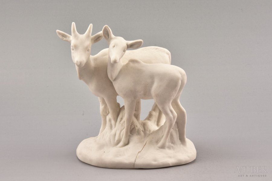 figurine, 11/5000 Deer calves, bisque, Riga (Latvia), USSR, sculpture's work, Riga porcelain factory, the 50-60ies of 20th cent., 14 cm, one horn restoration