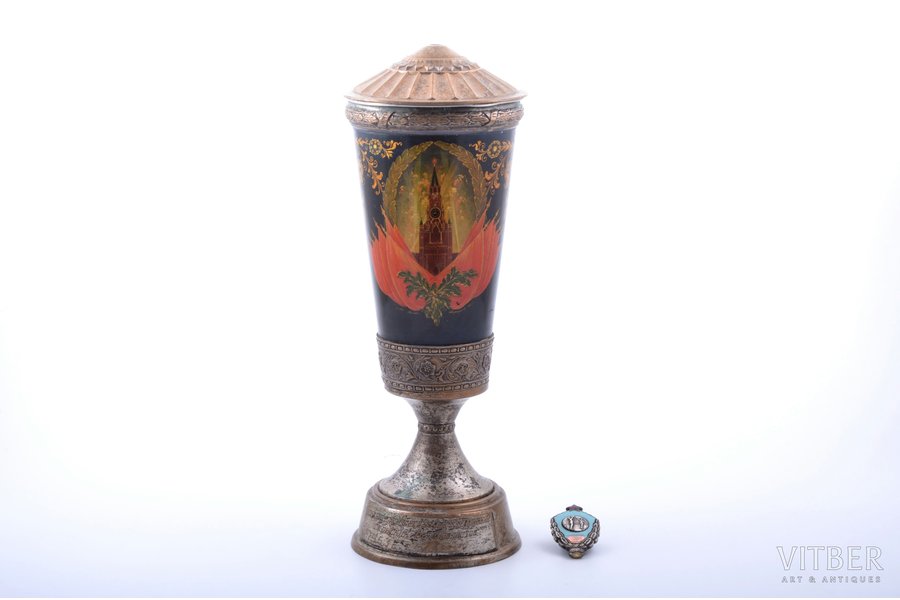 cup, "To the winner of the All-Union Rural Volleyball Competition", Palekh, by Dorofeev, USSR, 1953, h 30.4 cm