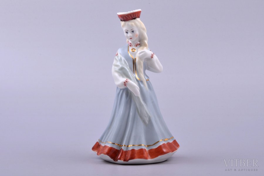 figurine, A girl in traditional costume with reed, porcelain, Riga (Latvia), USSR, Riga porcelain factory, molder - Regīna Karkunova, the 60ies of 20th cent., h 14.5 cm, first grade