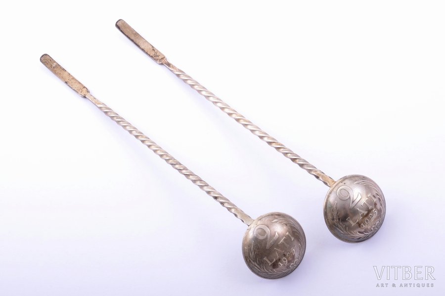 pair of teaspoons, silver, made from 2 lats coins (1925), 34.95 g, 13.3 cm, the 20-30ties of 20th cent., Latvia