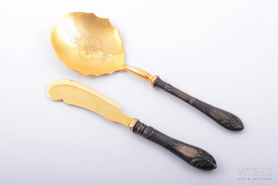 set of 2 flatware items, silver/metal, 875 standart, gilding, the 20-30ties of 20th cent., total weight of items 149.10 g, Latvia, 22.9 / 19.7 cm