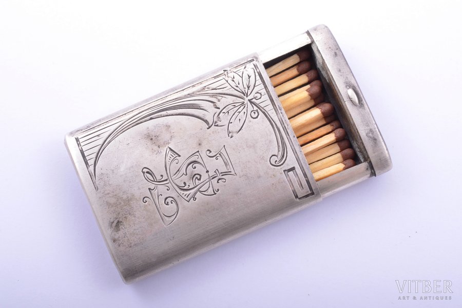 matches' holder, silver, 875 standard, 36.75 g, engraving, 6 x 4.2 x 1.2 cm, the 20ties of 20th cent., Latvia