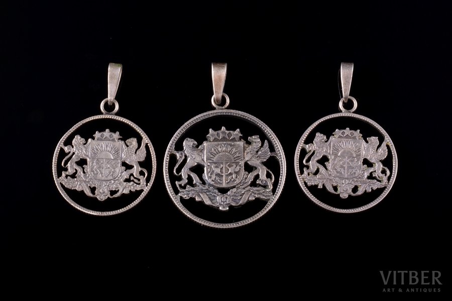 a set of 3 pendants made of coins, with coat of arms of Latvia, silver, 13.07 g., the item's dimensions 3.1 x 2.7 / 2.7 x 2.3 cm, Latvia