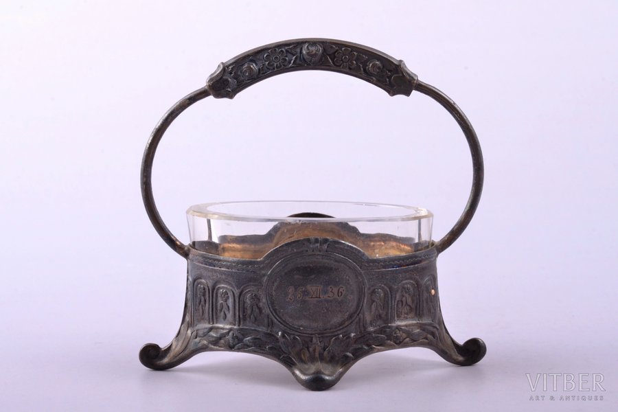 saltcellar, silver, 875 standard, silver weight 17.66, gilding, with glass insert, h 6.8 cm, the 20-30ties of 20th cent., Latvia