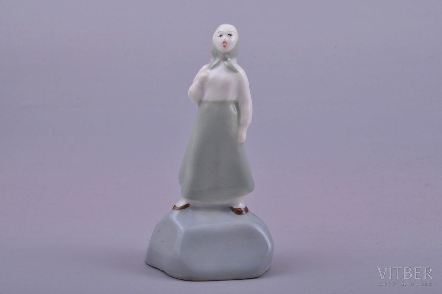 figurine, Girl on the Stone, porcelain, Riga (Latvia), USSR, Riga porcelain factory, molder - Beatrice Karklina, 1953-1962, h 8.8 cm, first grade