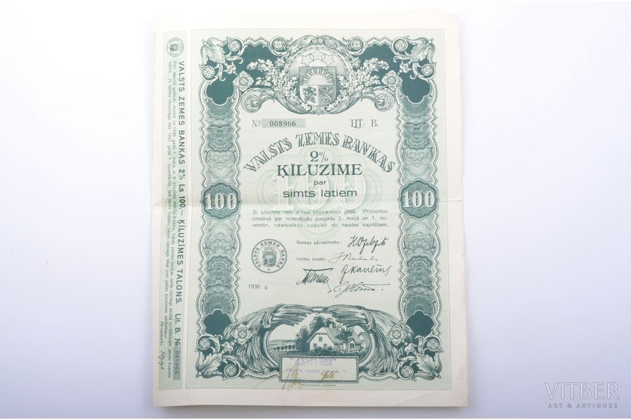 100 lats, mortgage bond of State Land Bank, 1936, Latvia, with coupons
