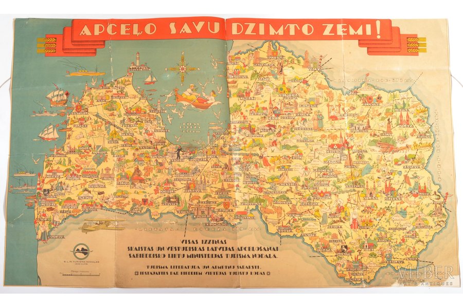 плакат, "Путешествуй по своей родной земле!", Латвия, 1938 г., 73.6 x 120 см, V. Griķis, S.L.M. Tūrisma nodaļas izdevums, карта склеена