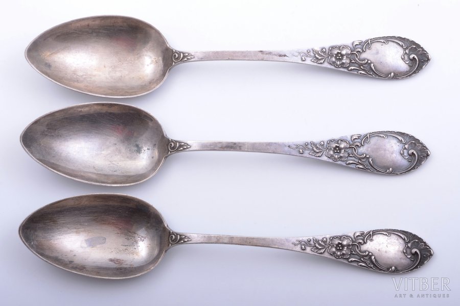 set of 3 soup spoons, silver, 875 standart, the 20-30ties of 20th cent., 231.45 g, by Wilhelm Heinrich Glasenapp, Latvia, 21.7 cm