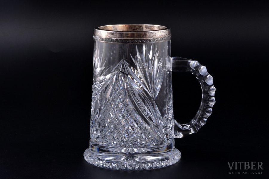 beer mug, silver, 875 standard, crystal, h 14.3 cm, the 20-30ties of 20th cent., Latvia