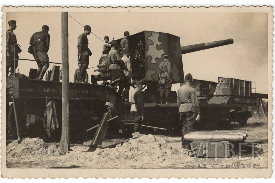 fotogrāfija, Latvijas armija, LA, Krasta artilērijas divizions, Kane lielgabals uz dzelzceļa platformas, Latvija, 20. gs. 20-30tie g., 8.6 x 13.5 cm