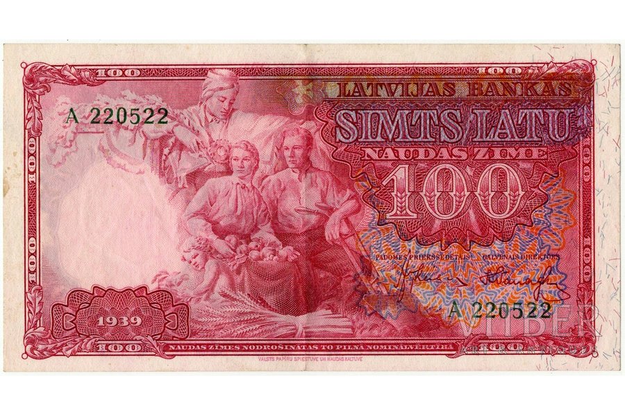 100 латов, банкнота, 1939 г., Латвия, XF