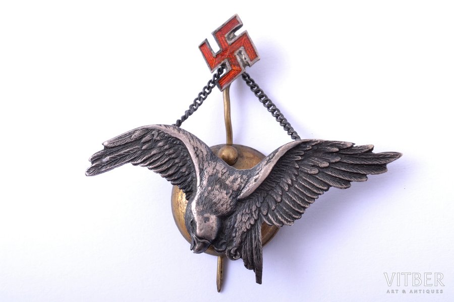 badge, Military aviation regiment (medium size), silver, enamel, Latvia, 20-30ies of 20th cent., 21.4 x 45.5 / 12 x 9.4 mm