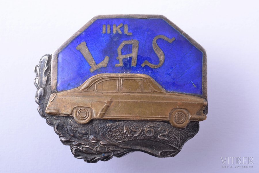 badge, LAS, driving school, silver, Latvia, USSR, 1962, 23 x 26.8 mm
