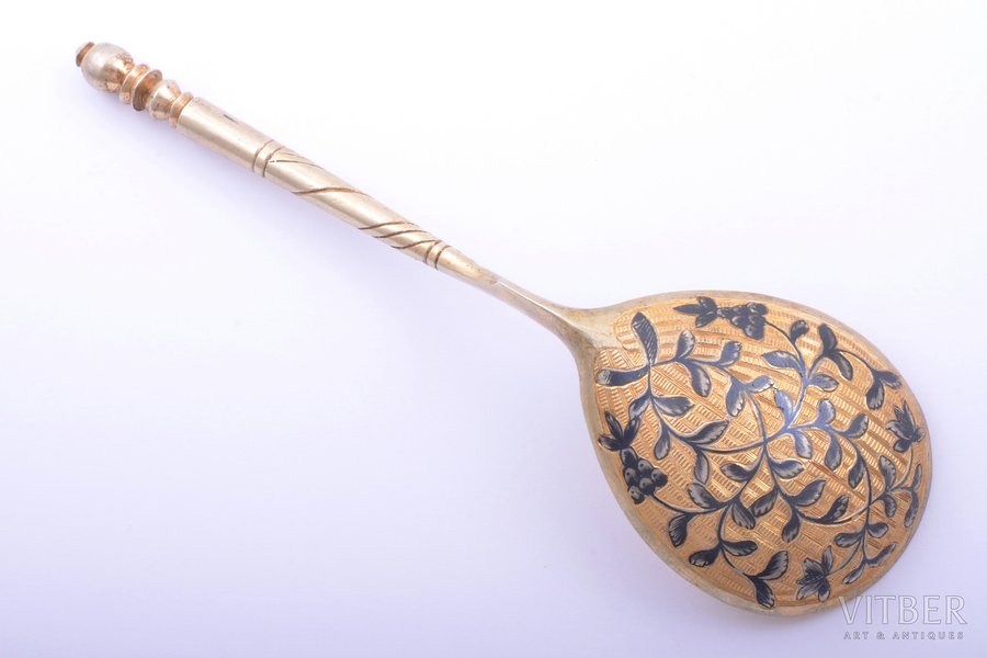 spoon, silver, 84 standard, 66.40 g, engraving, niello enamel, gilding, 17.4 cm, 1835, Moscow, Russia