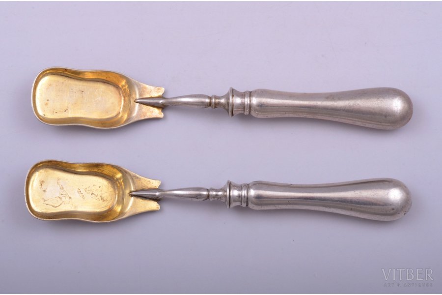 set of 2 flatware items, silver, 84 standard, total weight of items 127.75, gilding, 18.9 cm, Ivan Khlebnikov factory, 1908-1917, Moscow, Russia