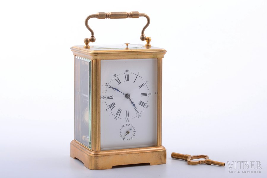 carriage clock, half-hour repeater, 17 x 9.2 x 8.1 cm, in working condition, clock is a little behind