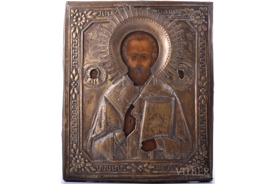 ikona, Svētais Nikolajs Brīnumdarītājs, dēlis, gleznojums, metāls, Krievijas impērija, 31.5 x 26.4 x 1.9 cm