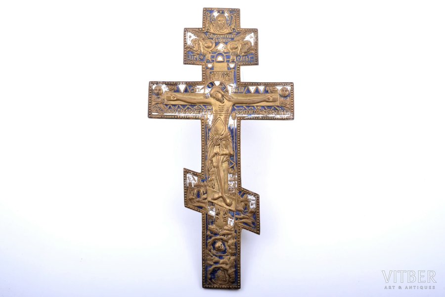 крест, Распятие Христово, медный сплав, 2-цветная эмаль, Российская империя, рубеж 19-го и 20-го веков, 36.8 x 19.2 x 0.6 см, 784.95 г., надписи на обратной стороне