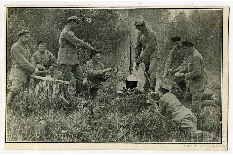 postcard, Vladivostok, riflemen of the 1st Latvian battalion preparing lunch, Latvia, 20-30ties of 20th cent., 14x8,8 cm