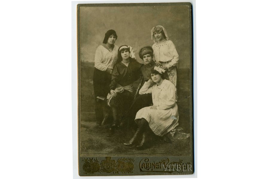 photography, on cardboard, women dressed in soldier and sailor uniforms, Russia, beginning of 20th cent., 13,8x10 cm