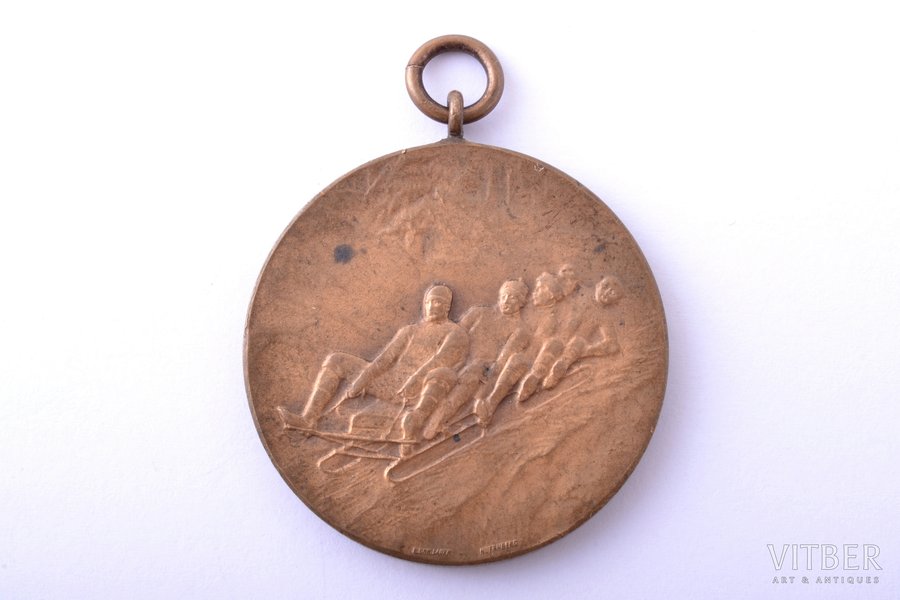 badge, Four-man luge sport, Āgenskalns, bronze, Latvia, Russia, beginning of 20th cent., 37.8 x 33.4 mm