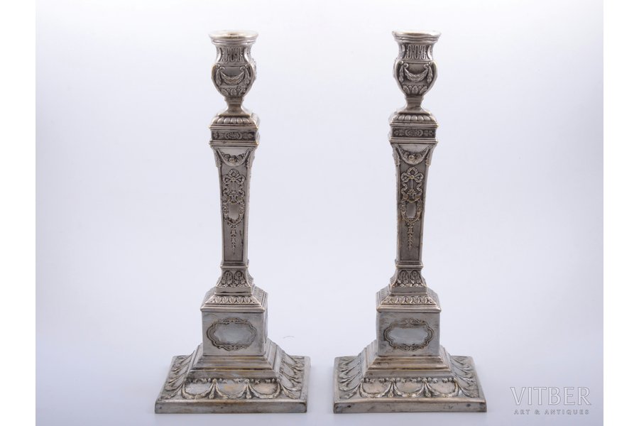 pair of candlesticks, B. Henneberg, Warszawa, silver plated, Russia, Congress Poland, the border of the 19th and the 20th centuries, h 37.5 cm, with scratches