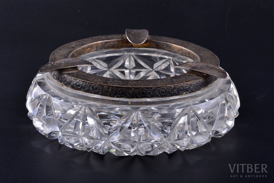ashtray, silver, 875 standard, crystal, Ø 15.5 cm, the 20-30ties of 20th cent., Latvia