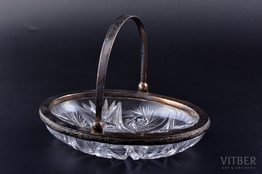 candy-bowl, silver, 875 standard, crystal, 20.5 x 15.1 cm, h (with handle) 15.6 cm, the 20-30ties of 20th cent., Latvia