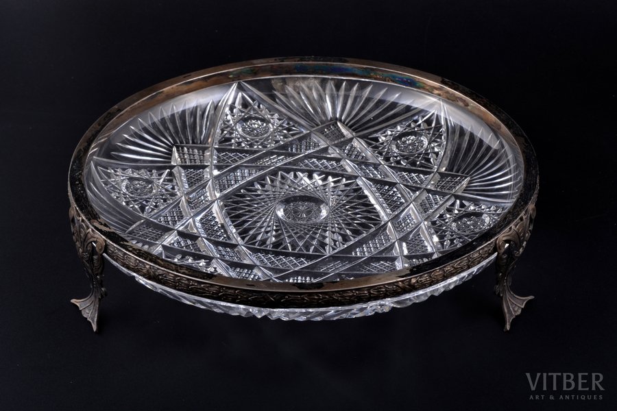 fruit dish, silver, 875 standard, crystal, Ø 24.8 cm, the 20-30ties of 20th cent., Latvia