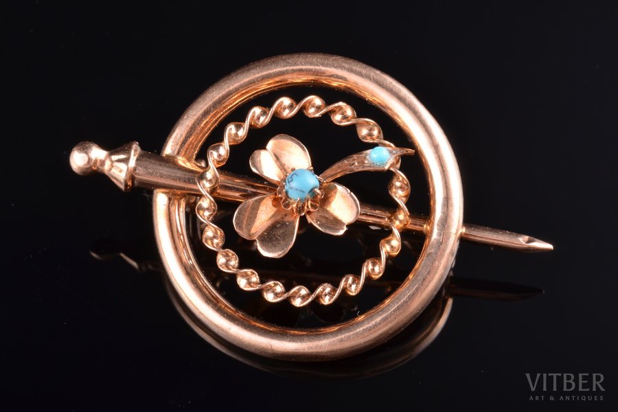 a brooch, gold, 56 standard, 2.88 g., the item's dimensions 4 x 2.5 cm, turquoise, Riga, Latvia, Russia