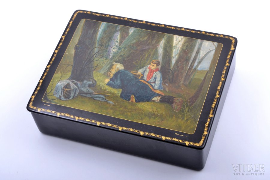 case, "Hunting for wood grouse", Mstera, by artist L. Fomichev, lacquer miniature, USSR, 23.9 x 18.1 x 6.6 cm
