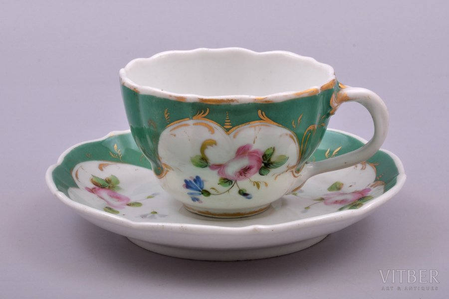 tējas pāris, porcelāns, Kornilovu Brāļu manufaktūra, Krievijas impērija, 1843-1861 g., h (tasīte) 6 cm, Ø (apakštasīte) 15.5 cm