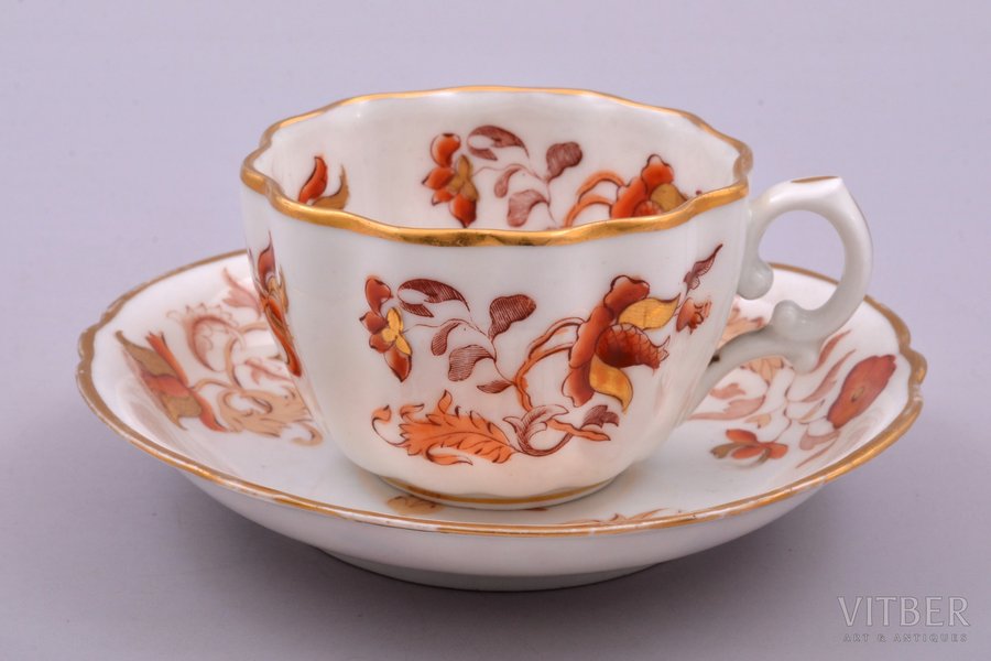 tējas pāris, porcelāns, Kornilovu Brāļu manufaktūra, Krievijas impērija, 1843-1861 g., h (tasīte) 4.9 cm, Ø (apakštasīte) 13.4 cm